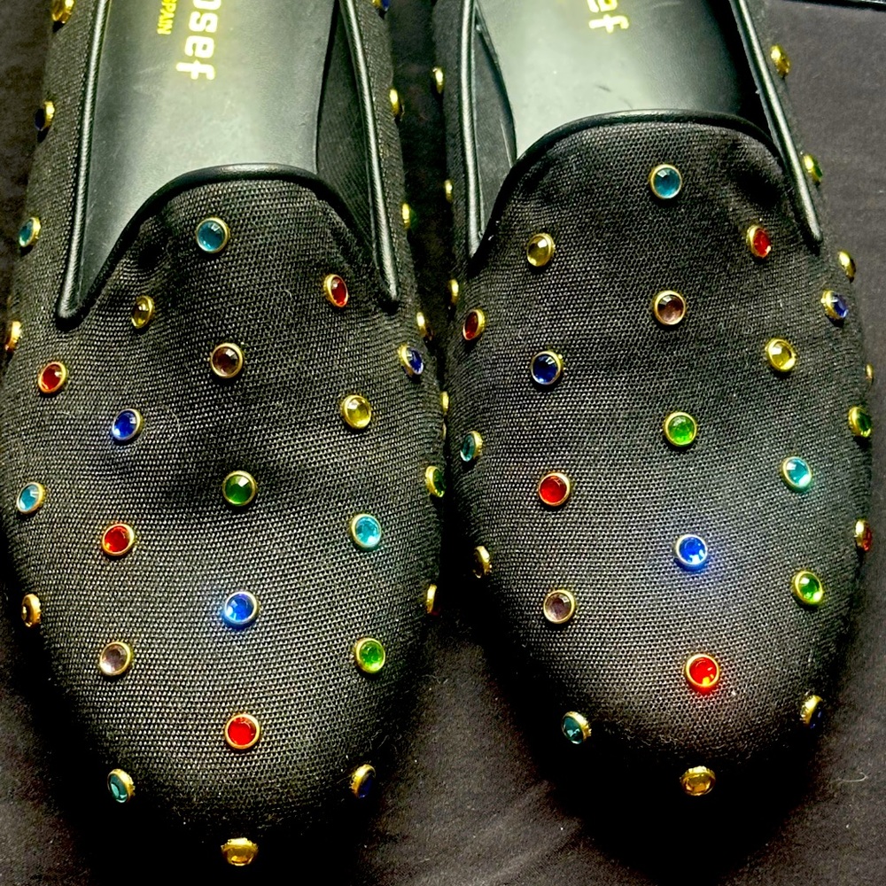 JON JOSEF BLACK GATSBY MULTI COLORED RHINESTONED BLACK FABRIC LOAFER NEW SIZE 7M
